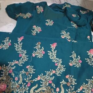Embroidered Teal Dress with Floral Accents